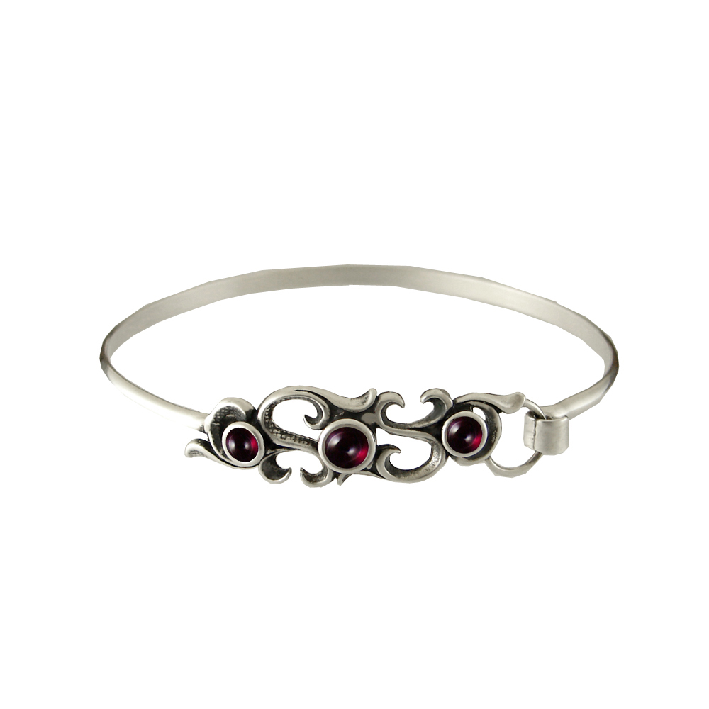 Sterling Silver Victorian Strap Latch Spring Hook Bangle Bracelet with Garnet